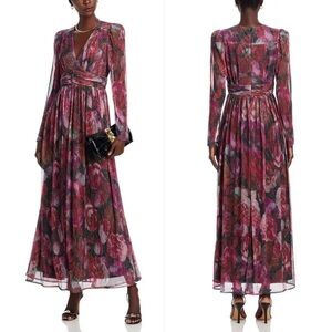 Aqua Burgundy and Pink Long-Sleeve Floral Maxi Dress